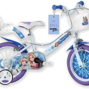 Dino Bikes – Kinderfahrrad Eiskönigin – Mädchen Fahrrad mit abnehmbaren Stützrädern ab 2 Jahren – Kinderrad mit Frontkorb & Puppenträger – verstellbare Sattel- & Lenkerhöhe (Weiß-Blau)