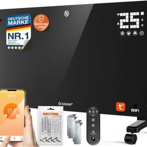 KESSER® Glaskonvektor Glasheizung Elektroheizkörper APP WiFi Funktion Inkl. Fernbedienung Elektroheizung Stand- oder Wand Heizung Heizkörper | Touchscreen | LCD-Display | Timer | 2500 Watt | Schwarz